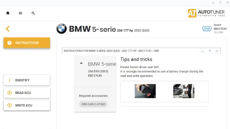 AutoTuner software showing BMW EDC17C41 identification, read and write options