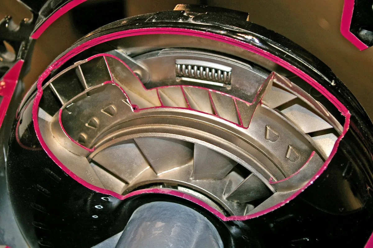 Cutaway model showing the internal components of an automatic transmission torque converter