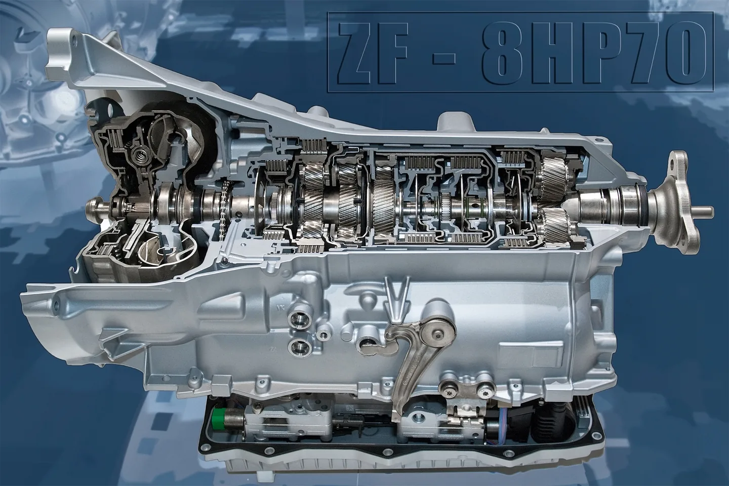 Cutaway display of a ZF 8HP70 eight-speed automatic transmission