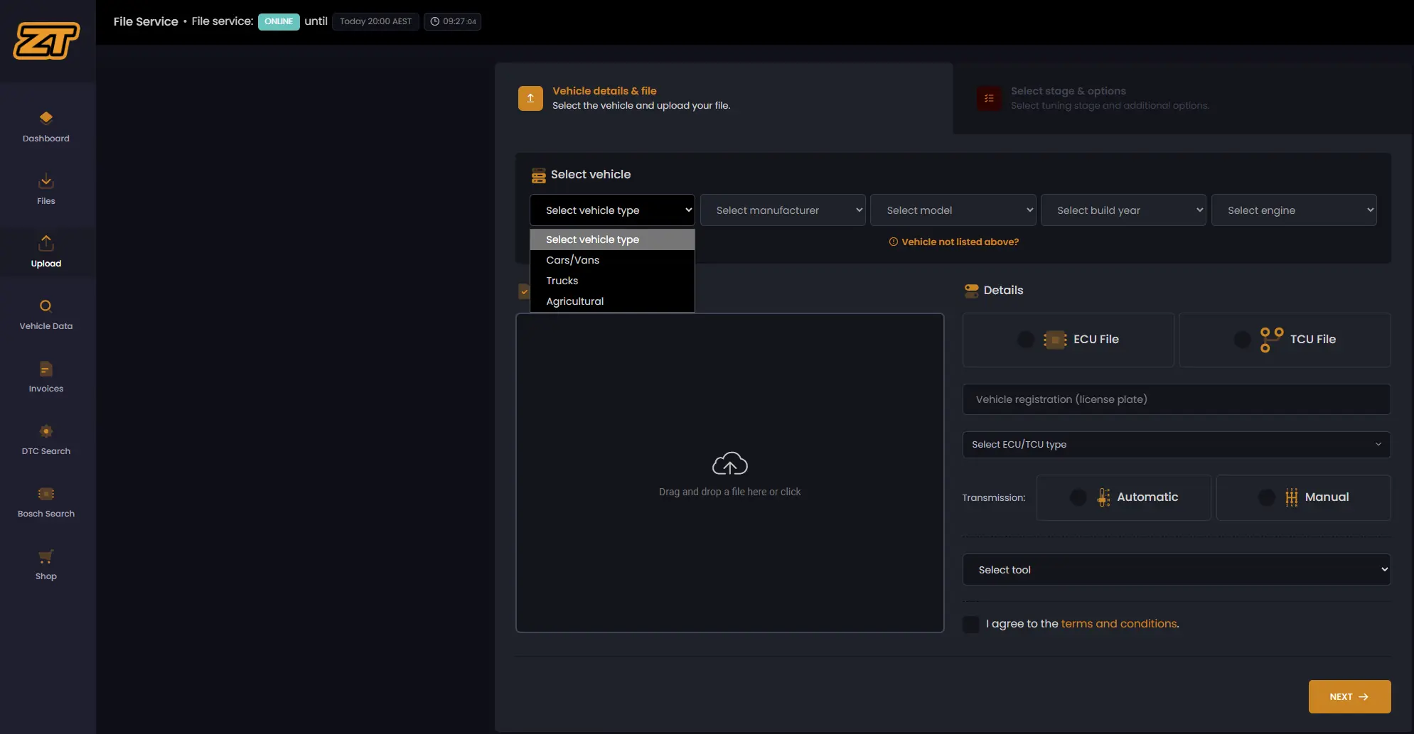 Choose the vehicle type in the Zentune portal