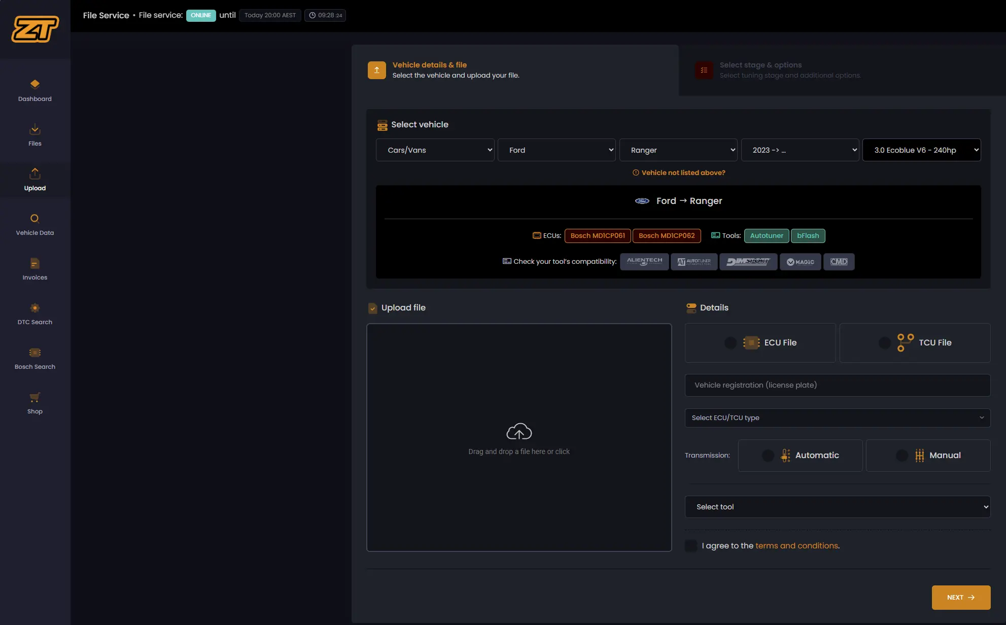 Identify the vehicle in the Zentune portal