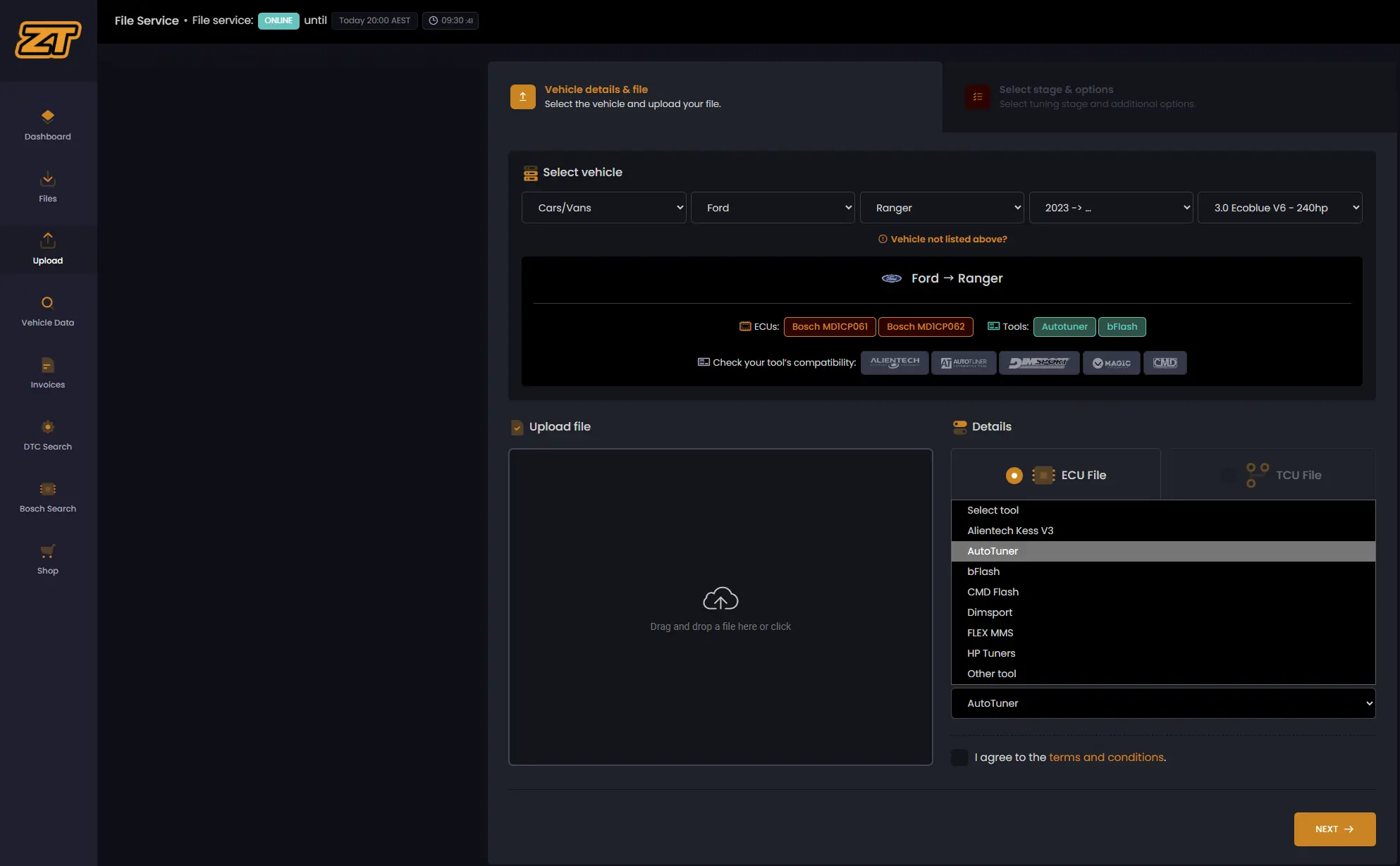 Select the tuning tool in the Zentune portal