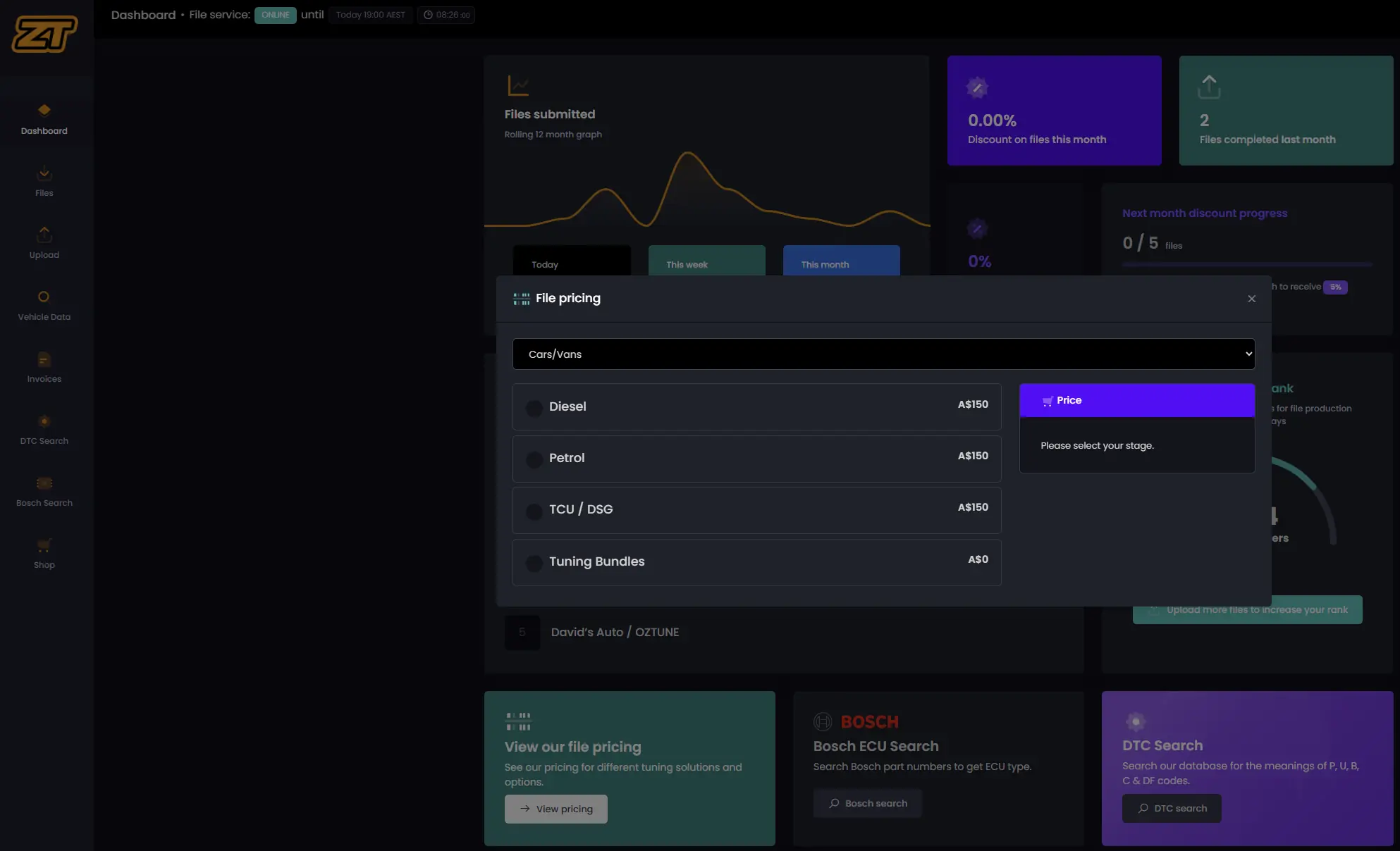 Zentune file pricing calculator showing calibration categories
