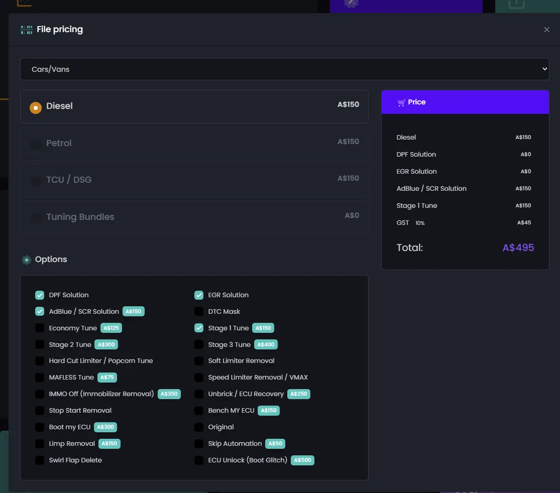 Zentune file pricing calculator showing selected options and calculated total